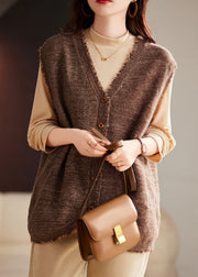 Women Coffee Tasseled Knit Vest And Cotton Top Two Pieces Set Winter