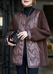 Women Chocolate Teddy Faux Fur Patchwork Fine Cotton Filled Puffer Jacket Winter