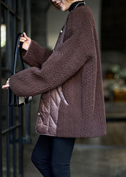 Women Chocolate Teddy Faux Fur Patchwork Fine Cotton Filled Puffer Jacket Winter