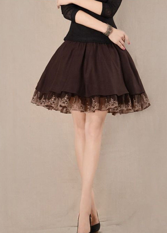 Women Chocolate Tulle Patchwork High Waist Woolen A Line Skirts Winter