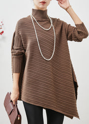 Women Coffee Turtle Neck Asymmetrical Design Knit Tops Spring