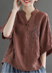 Women Chocolate V Neck Embroidered Wrinkled Linen Blouse Top Lantern Sleeve