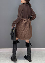 Women Chocolate V Neck Knit Patchwork  Cotton Filled coats Winter