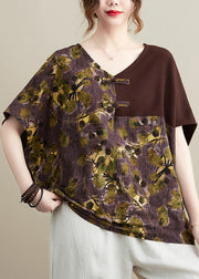 Women Chocolate V Neck Patchwork Print Oriental Button Cotton Tops Short Sleeve
