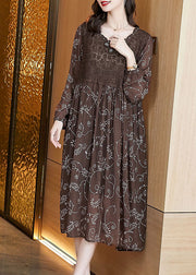 Women Chocolate Wrinkled Lace Patchwork Chiffon Loose Dresses Long Sleeve