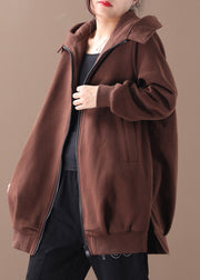 Women Chocolate Zippered Low High Design Hooded Coats Long Sleeve