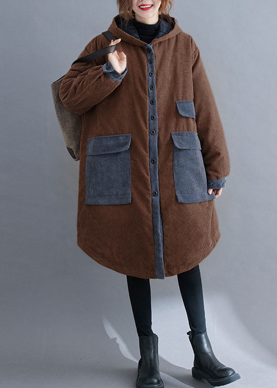 Women Chocolate hooded Pockets Winter Jackets Cotton Thick Coats