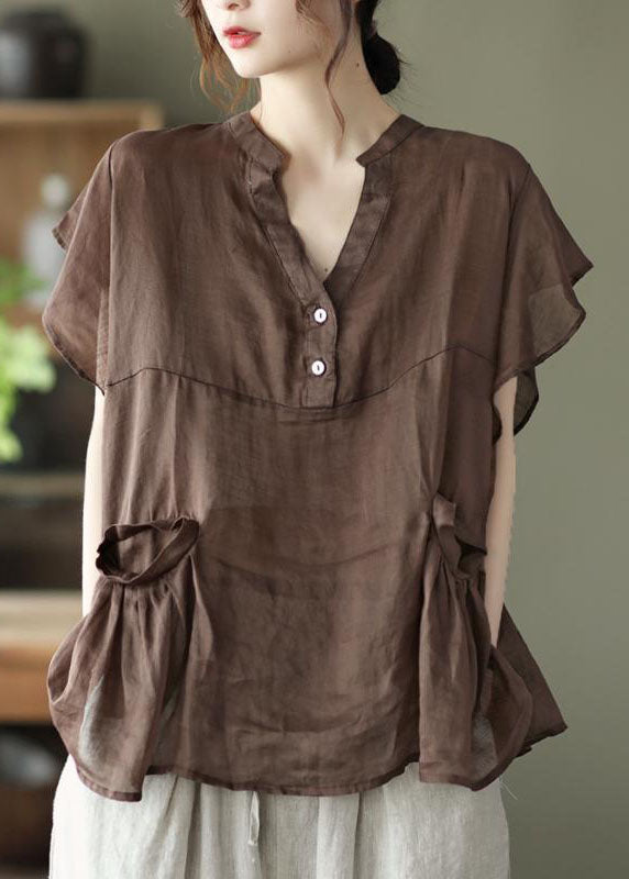 Women Chocolate retro Loose Pockets Fall Shirt Tops Short Sleeve