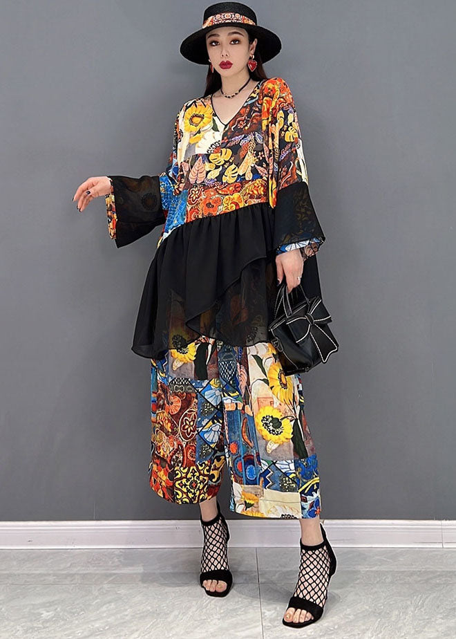 Women Colorblock Asymmetrical Print Tulle Patchwork Tops And Pants Two Piece Set Women Clothing Long Sleeve