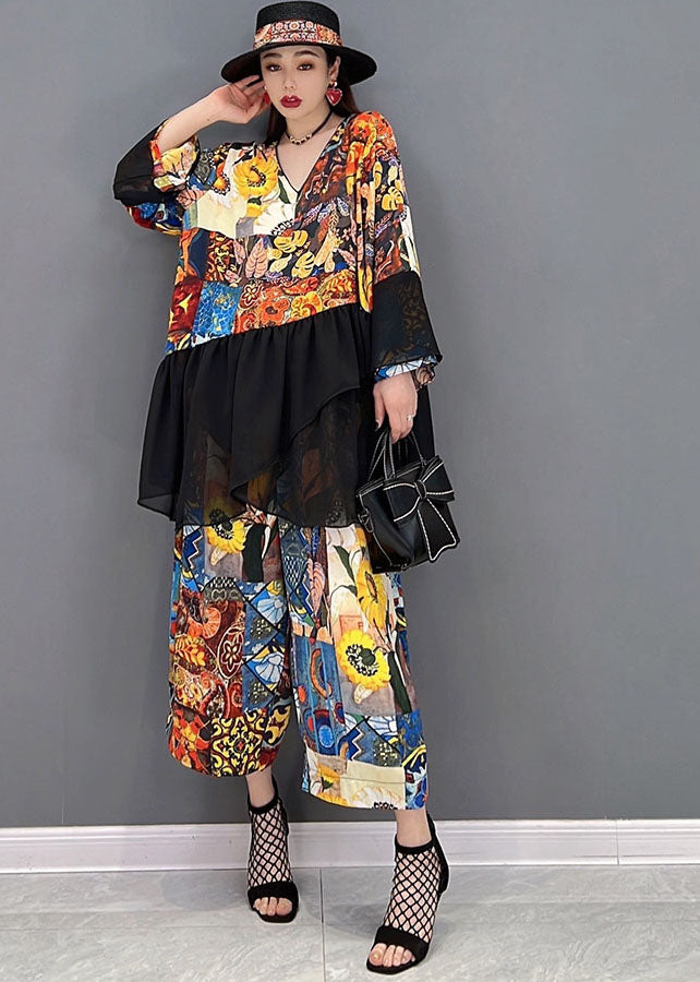 Women Colorblock Asymmetrical Print Tulle Patchwork Tops And Pants Two Piece Set Women Clothing Long Sleeve