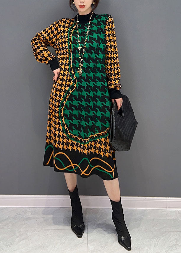 Women Colorblock Hign Neck Original Design Plaid Long Knit Dress Winter