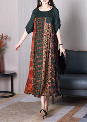 Women Colorblock O-Neck Oversized Patchwork Silk Dresses Summer