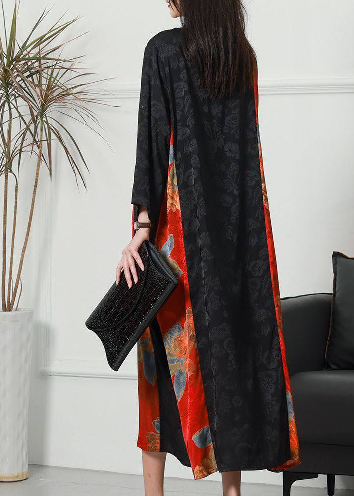 Women Colorblock O-Neck Patchwork Chinese Button Jacquard Silk Long Dress Spring