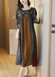 Women Colorblock O Neck Print Striped Patchwork Silk Dresses Summer