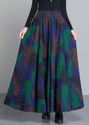 Women Colorblock Print Pockets Elastic Waist Cotton Skirt Winter