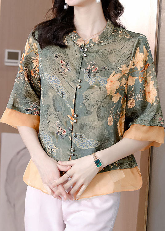 Women Colorblock Stand Collar Patchwork Print Silk Tops Summer