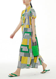Women Colorblock Stand Collar Print Exra Large Hem Cotton Long Dresses Summer