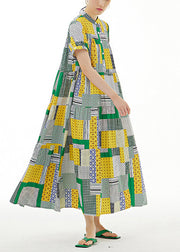 Women Colorblock Stand Collar Print Exra Large Hem Cotton Long Dresses Summer