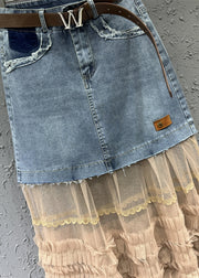 Women Colorblock Tulle Ruffled Pockets Patchwork Denim Skirt Fall