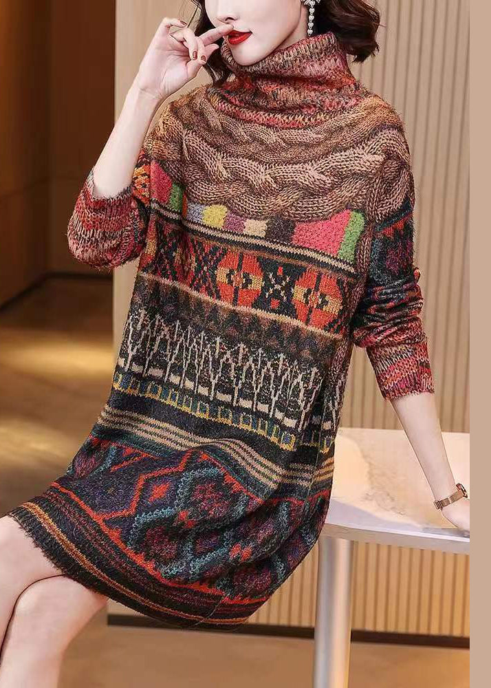 Women Colorblock Turtleneck Print Mink Hair Knitted Dress Fall