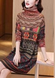 Women Colorblock Turtleneck Print Mink Hair Knitted Dress Fall