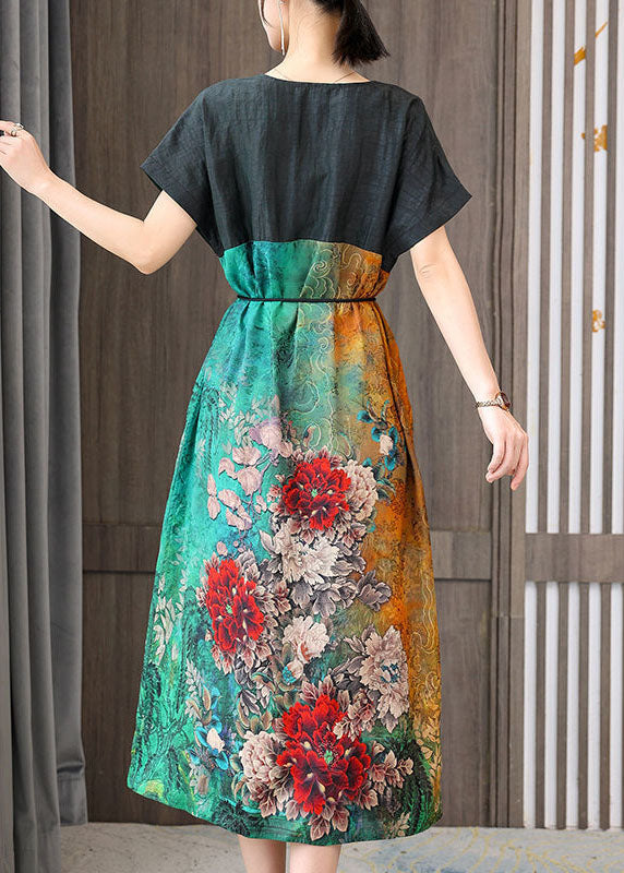 Women Colorblock V Neck Patchwork Floral Silk Dress Summer