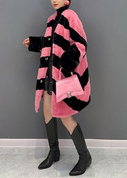 Women Colorblock V Neck Striped Thick Mink Velvet Coat Winter