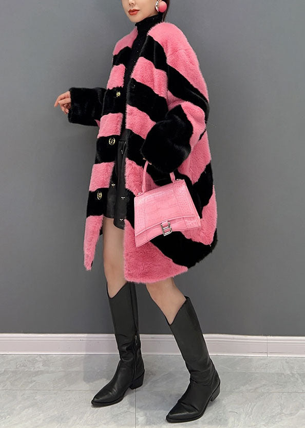 Women Colorblock V Neck Striped Thick Mink Velvet Coat Winter