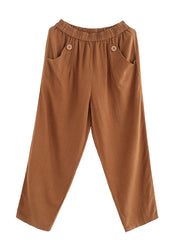 Women Corduroy Pleated Solid Elastic Waist Side Pockets Casual Pants
