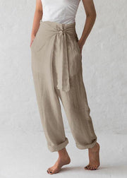 Women Cotton Belted High Waist Casual Wide Leg Harem Pants - SooLinen