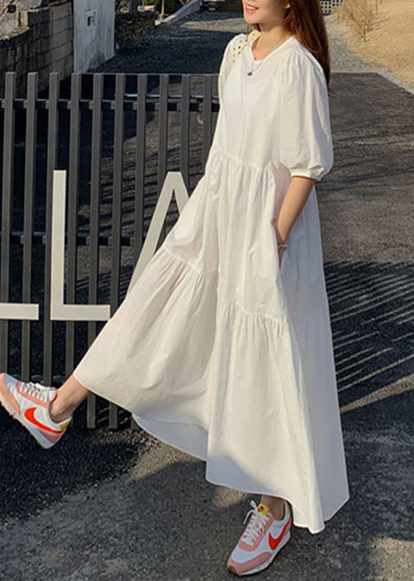 Women Cotton Solid Color Puff Sleeve Pleated Simple Maxi Dresses With Pocket