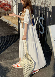 Einfarbige Damen-Baumwoll-Puffärmel, plissierte, einfache Maxikleider mit Tasche