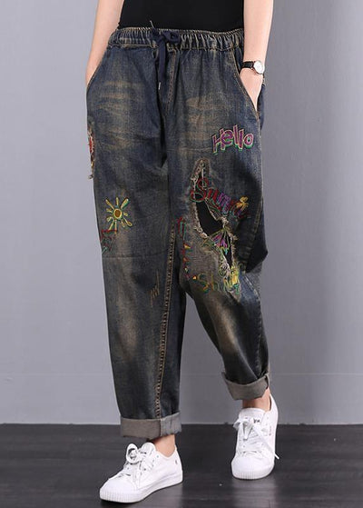 Women Cotton Vintage Embroidered Elastic Waist Casual Jeans - SooLinen