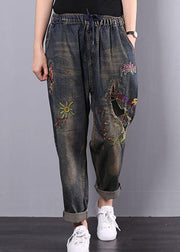 Women Cotton Vintage Embroidered Elastic Waist Casual Jeans - SooLinen