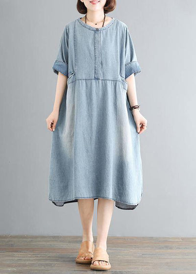 Women Cotton Wardrobes 18th Century Vintage Pure Color Loose Denim Midi Dress - SooLinen