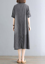 Women Cotton Wardrobes 18th Century Vintage Pure Color Loose Denim Midi Dress - SooLinen