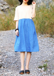 Women Cotton blue Vintage Summer Vintage Solid Color Short Dress - SooLinen