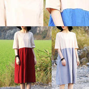 Women Cotton blue Vintage Summer Vintage Solid Color Short Dress - SooLinen