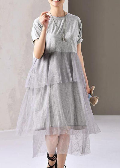 Women Cotton outfit Fashion Cotton Round Neck Short Sleeve Lace Dress - SooLinen
