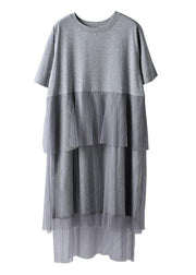 Women Cotton outfit Fashion Cotton Round Neck Short Sleeve Lace Dress - SooLinen