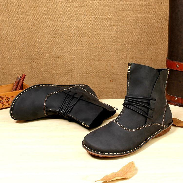 Women Cross Strap  Khaki Cowhide Leather Ankle boots - SooLinen