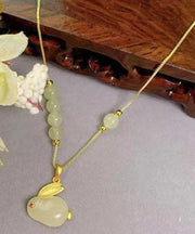 Women Cyan Rabbit Sterling Silver Overgild Jade Rabbit Agate Floral Pendant Necklace