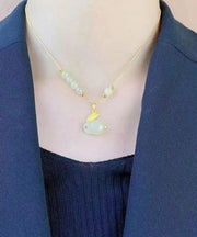 Women Cyan Rabbit Sterling Silver Overgild Jade Rabbit Agate Floral Pendant Necklace