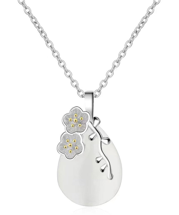 Women Cyan Sterling Silver Jade Water Drop Cherry Blossoms Pendant Necklace