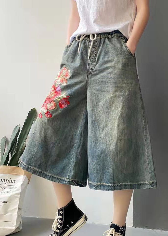 Women Dark Blue Drawstring Embroidered Pockets Cotton Wide Leg Pants Trousers Summer