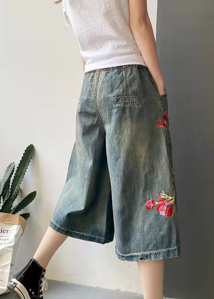 Women Dark Blue Drawstring Embroidered Pockets Cotton Wide Leg Pants Trousers Summer