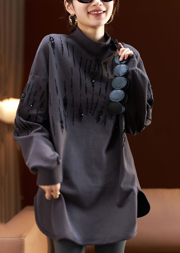 Women Dark Gray Turtleneck Nail Bead Cotton Sweatshirt Long Sleeve