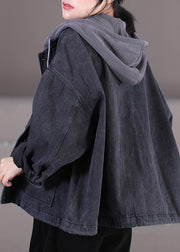 Women Dark Grey Drawstring Knit Patchwork Button Denim Hooded Coats Fall