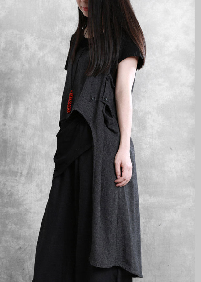 Women Dark Grey O-Neck Asymmetrical Button Linen Waistcoat Sleeveless