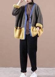 Women Dark Grey Pockets Colorblock Button Fall Sweater Jackets - SooLinen